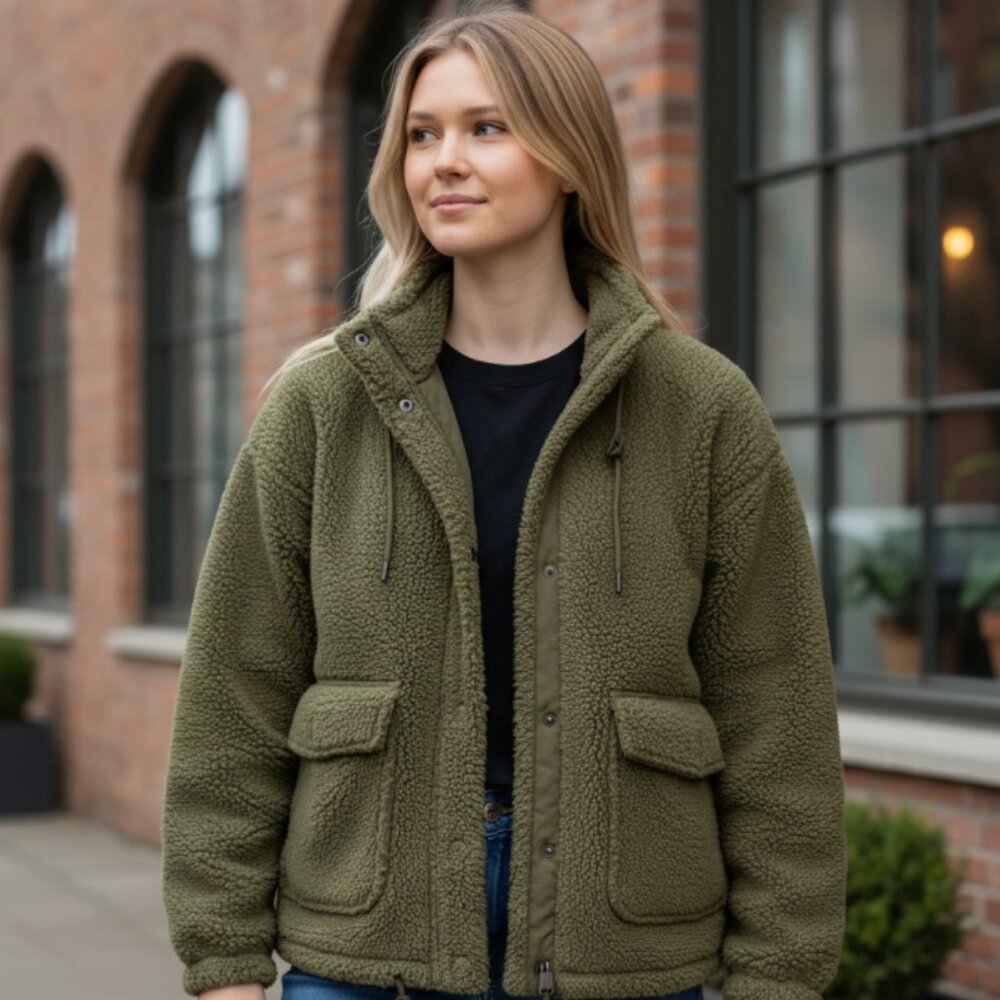 NWT INDUSTRY Dark Olive Green Sherpa Bomber Jacket Large